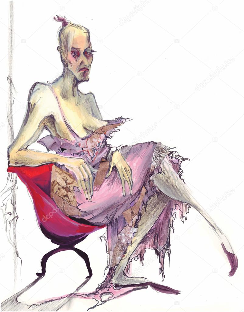 portrait of an old woman in a pink dress sitting on a red chair
