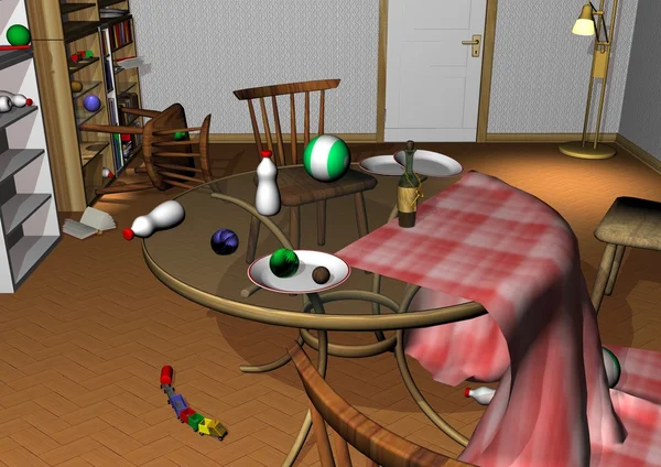 散らかった部屋、上を向いた哺乳瓶でガラス テーブル — ストック写真