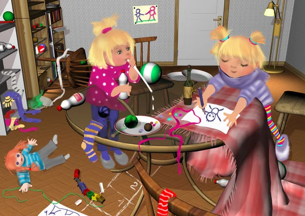 Girls playing in messy room, glass table with upturned baby bottles — Stock Photo, Image