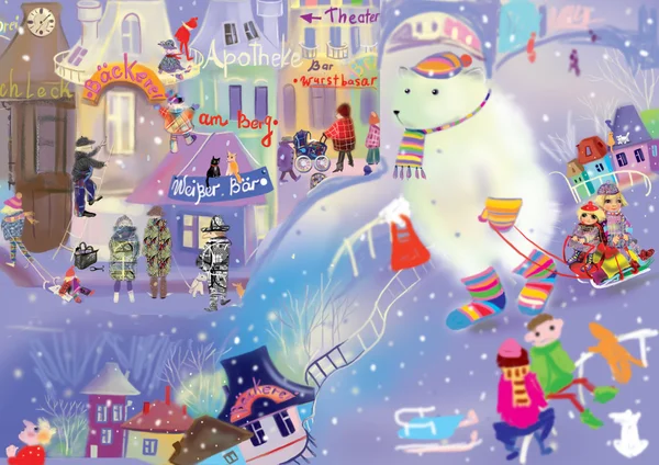 Big ice bear in a cute little winter town Стоковое Изображение