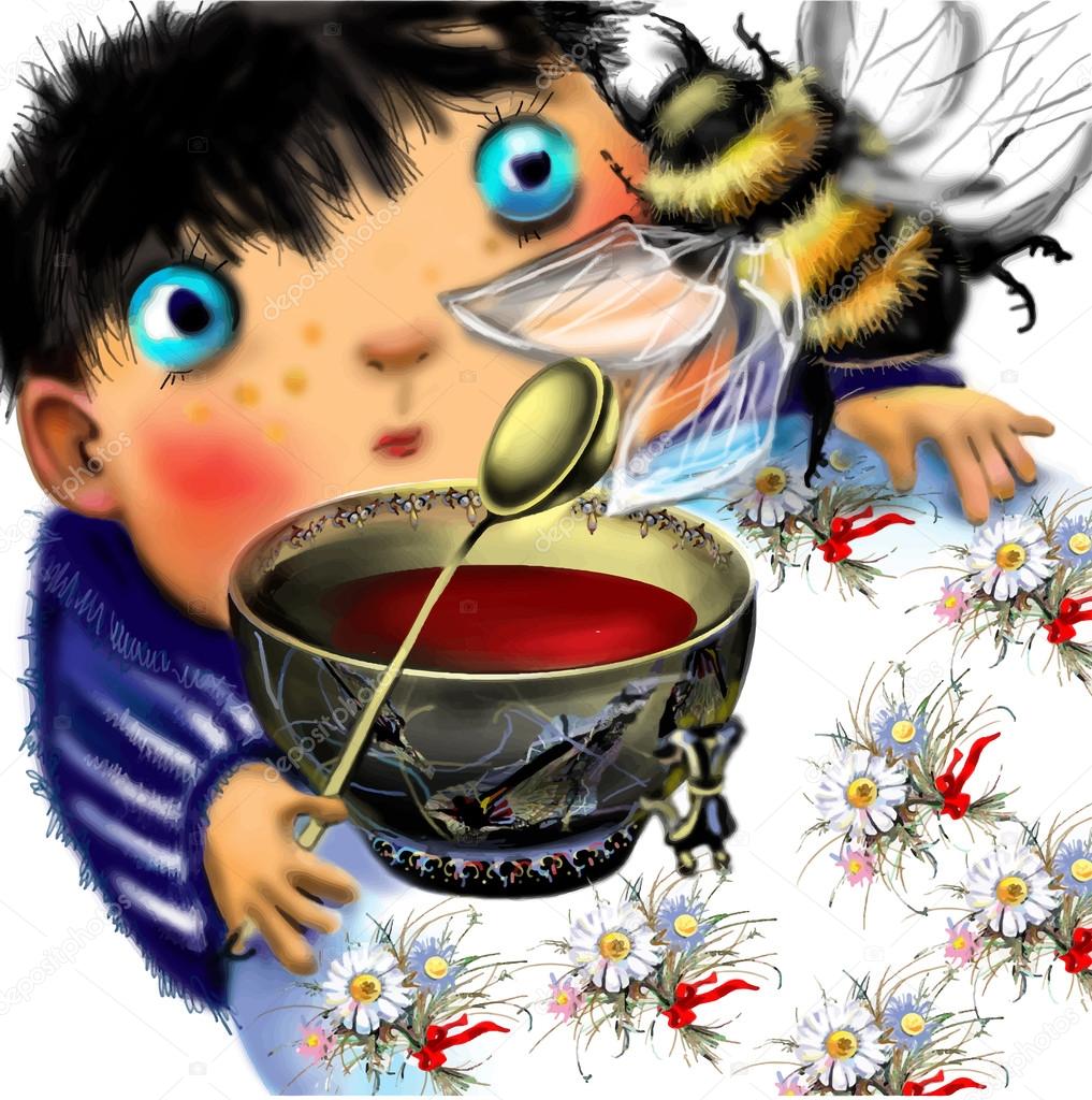 little boy drinking tea and watching a big bumblebee