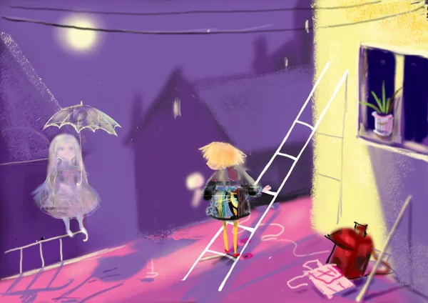 Menina de pé no telhado e conhecer uma menina fantasma — Fotografia de Stock