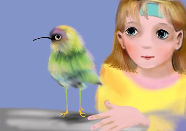 little girl playing with a small green bird