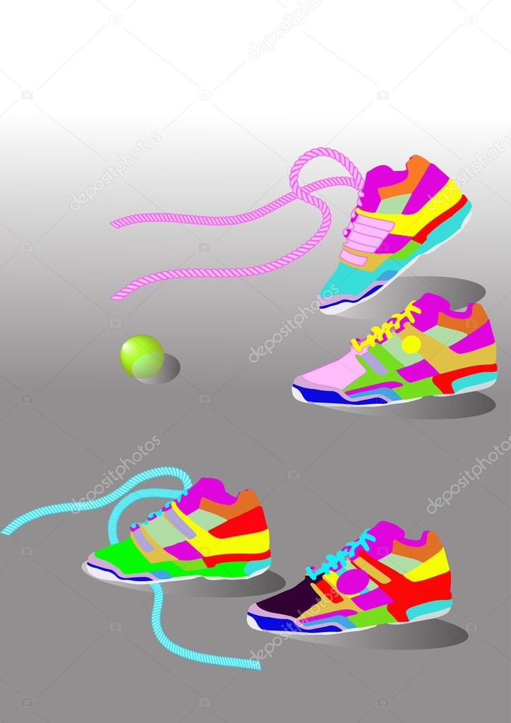 colorful running shoes over a gray background