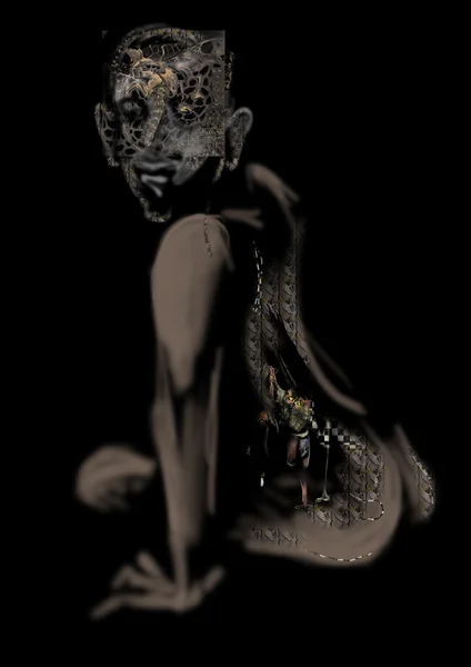 Темное страшное существо сидит и смотрит через плечо — стоковое фото