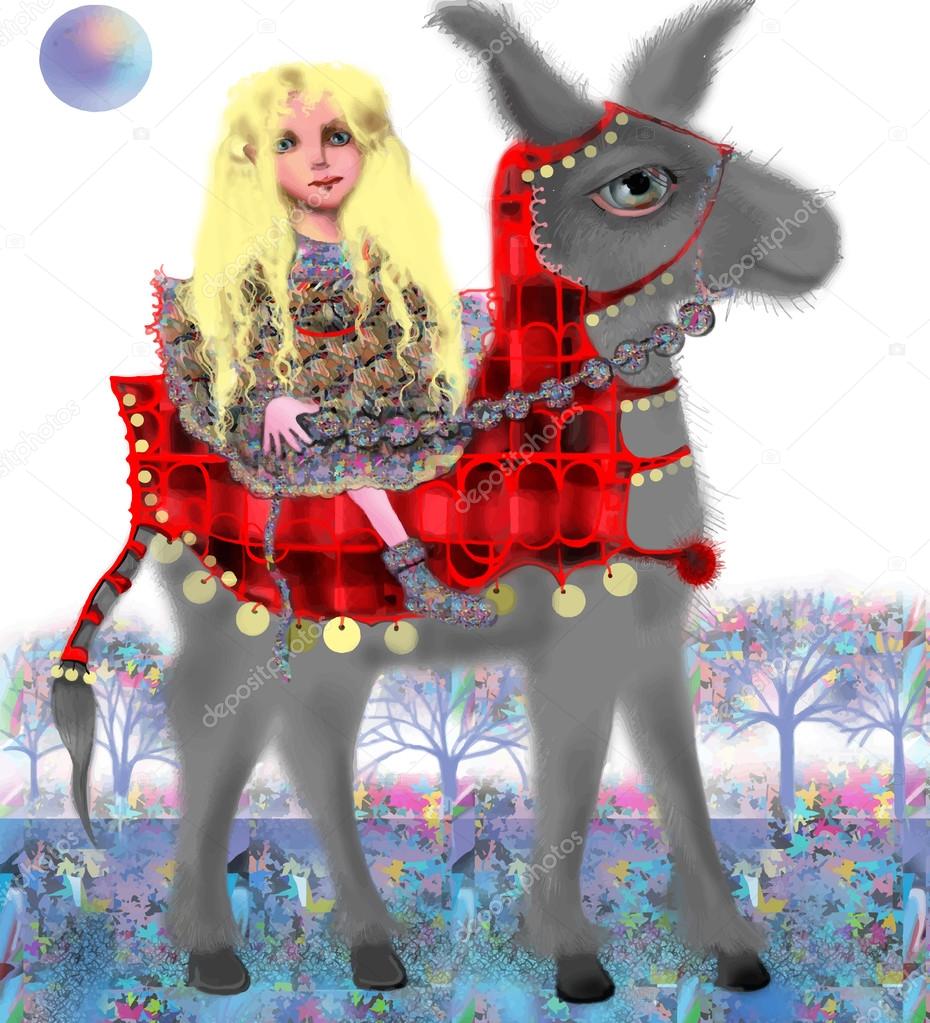 little blonde girl riding a fairy tale donkey