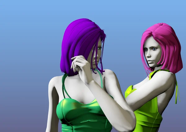 Two young girls with dyed hair having a discussion, conflict, ov — Stock Photo, Image