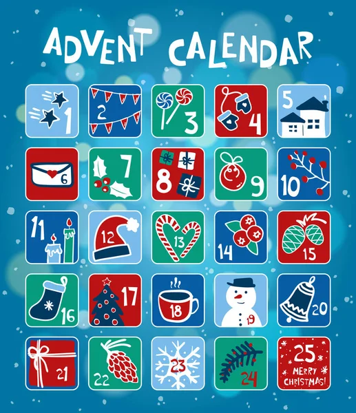 Calendario de Adviento de Navidad. Cartel de vacaciones de invierno con bolsillos sorpresa — Vector de stock