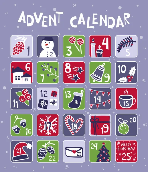 Cuenta atrás para el calendario de Adviento de Navidad con lindo sello de Navidad — Vector de stock