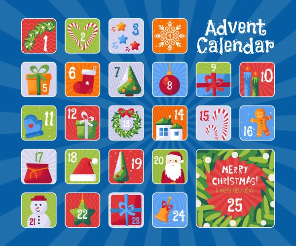 Calendario de Adviento de Navidad con ilustraciones lindas. Pegatinas de Navidad — Vector de stock