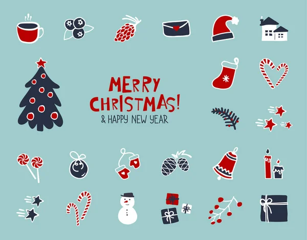 Set de elementos navideños en estilo dibujado a mano. Clip art de vacaciones para el diseño de Navidad. Pegatinas de Navidad — Vector de stock