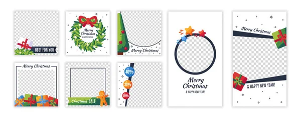 Set de plantillas navideñas para redes sociales. Fondos de diseño para post e historias, blog y banner — Vector de stock