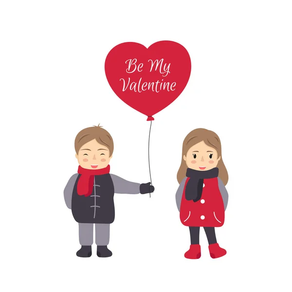 Tarjeta de felicitación de San Valentín. lindo cartel de chico da chica globo — Vector de stock