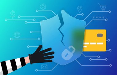 Scammer kredi kartı kullanmak ya da banka hesabı açmak için kişisel bilgilerini çalıyor. Vektör illüstrasyonu