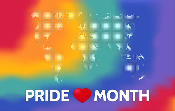 LMBTQ Pride Hónap júniusban. LMBT zászló, szivárvány világtérképpel. Plakát, kártya vagy banner koncepció — Stock Vector