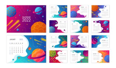 Uzay takvimi şablonu. Gezegenleri ve yıldızları çizgi film tarzında alan arkaplanı. Astronomi ve Kozmos keşif takvimi kavramı