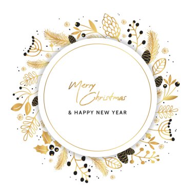 Mutlu Noeller ve mutlu yıllar afişleri ya da posterleri. Altın Noel süslü tebrik kartı.