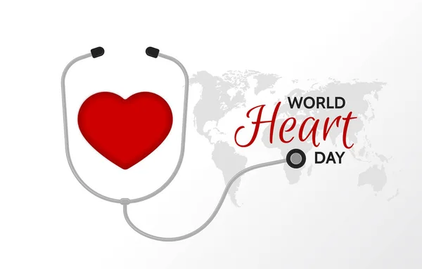 Cartaz do Dia Mundial do Coração. Ilustração do coração humano vermelho estilizado com estetoscópio —  Vetores de Stock