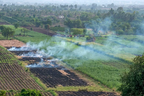 Stubble Burning Open Agricultural Field Uruli Pune India — 图库照片