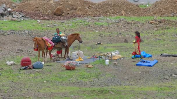 Zigeunerinnen Campieren Auf Offenem Feld Pune Indien — Stockvideo