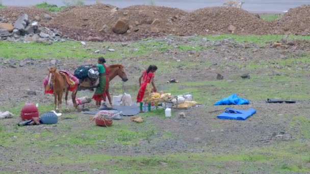 Vrouwelijke Zigeuners Zetten Hun Kamp Een Open Veld Pune India — Stockvideo