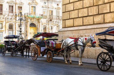 Sicilya arabası Via Maqueda 'da Palermo' nun tarihi merkezinde, Piazza Pretoria yakınlarında.