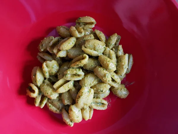 Italian Dish Sardinian Gnocchi Green Pesto Alla Genovese Close — Stock Photo, Image