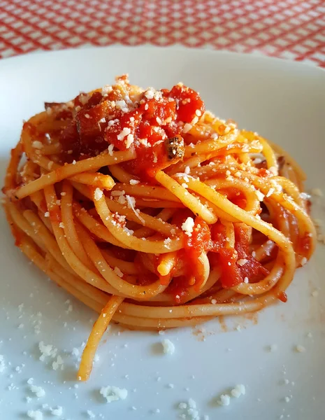 Receita Típica Italiana Speghetti Com Tomate Fechar — Fotografia de Stock