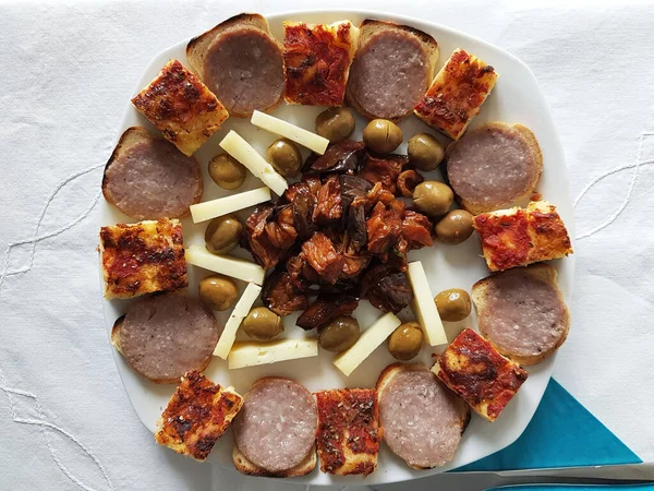 Serving Dish Aperitif Pizza Cheese Eggplant Caponata Olives Bread Slice — Stock Photo, Image