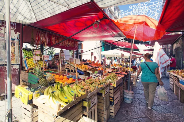 Grocery shop at famous local market Capo in Palermo, Italy