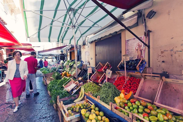 Grocery shop at famous local market Capo in Palermo, Italy