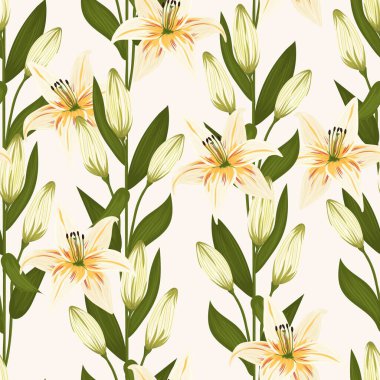 Klasik çiçekler ve yapraklar. Bir buket zambak. Kusursuz desenler. Pastel renkler. İzole vektör çizimleri.