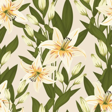 Klasik çiçekler ve yapraklar. Bir buket zambak. Kusursuz desenler. Pastel renkler. İzole vektör çizimleri.