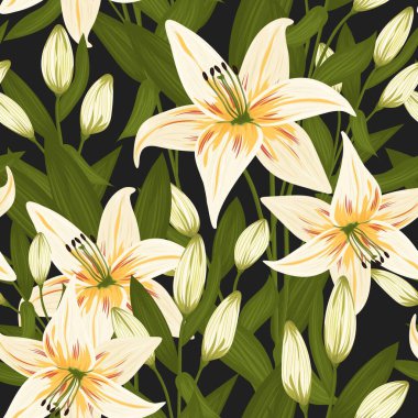 Klasik çiçekler ve yapraklar. Bir buket zambak. Kusursuz desenler. Pastel renkler. İzole vektör çizimleri.