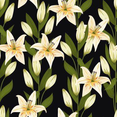 Klasik çiçekler ve yapraklar. Bir buket zambak. Kusursuz desenler. Pastel renkler. İzole vektör çizimleri.