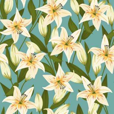 Klasik çiçekler ve yapraklar. Bir buket zambak. Kusursuz desenler. Pastel renkler. İzole vektör çizimleri.