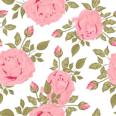 Çiçek buketleri. Güller ve yapraklar. Eski, dikişsiz desen. Duvar kâğıdı ve kumaş için pastel renkli tasarım. İzole vektör illüstrasyonu.