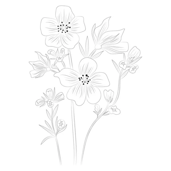Flores Silvestres Fresas Dibujo Manual Grabado Negro Gráficos Arte Línea — Vector de stock