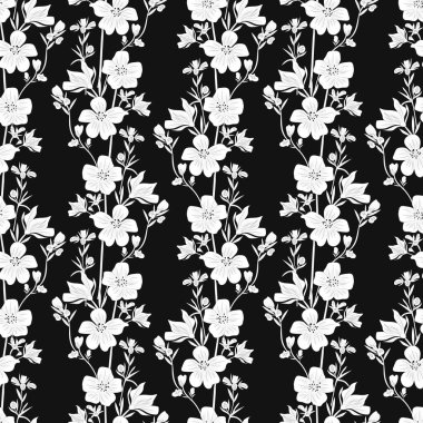 Yabani çiçekler. El çizimi. Siyah gravür, grafikler, çizgi sanatı. Eski, dikişsiz desen. Siyah ve beyaz. İzole vektör illüstrasyonu.