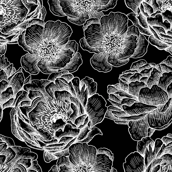 Flores Peonías Dibujo Manual Grabado Negro Gráficos Arte Línea Patrón — Archivo Imágenes Vectoriales