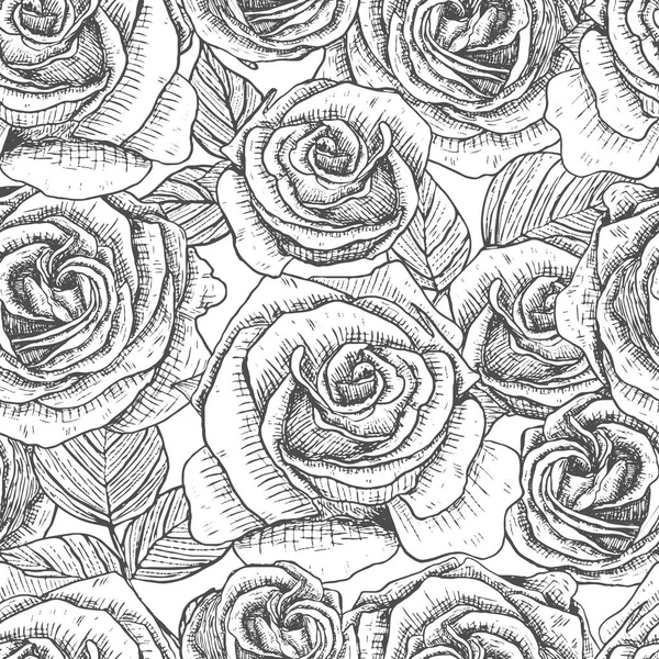 Flores Rosas Dibujo Manual Grabado Negro Gráficos Arte Línea Patrón — Archivo Imágenes Vectoriales