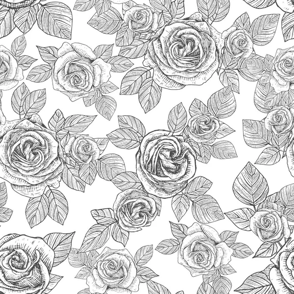 Flores Rosas Dibujo Manual Grabado Negro Gráficos Arte Línea Patrón — Archivo Imágenes Vectoriales