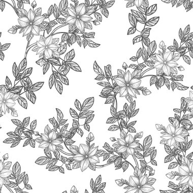 Dallar, yapraklar ve çiçekler. El çizimi. Siyah gravür, grafikler, çizgi sanatı. Eski, dikişsiz desen. Siyah ve beyaz. İzole vektör illüstrasyonu.