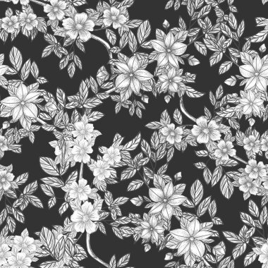 Dallar, yapraklar ve çiçekler. El çizimi. Siyah gravür, grafikler, çizgi sanatı. Eski, dikişsiz desen. Siyah ve beyaz. İzole vektör illüstrasyonu.