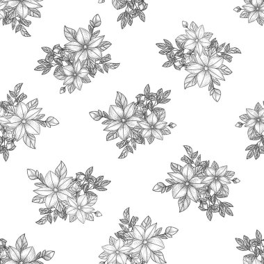 Dallar, yapraklar ve çiçekler. El çizimi. Siyah gravür, grafikler, çizgi sanatı. Eski, dikişsiz desen. Siyah ve beyaz. İzole vektör illüstrasyonu.