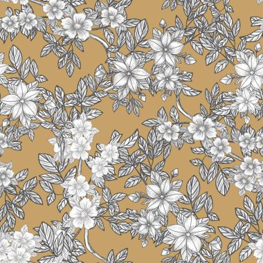 Dallar, yapraklar ve çiçekler. El çizimi. Siyah gravür, grafikler, çizgi sanatı. Eski, dikişsiz desen. Siyah ve beyaz. İzole vektör illüstrasyonu.