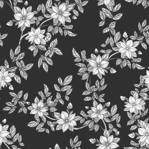 Dallar Yapraklar Çiçekler Çizimi Siyah Gravür Grafikler Çizgi Sanatı Eski — Stok Vektör
