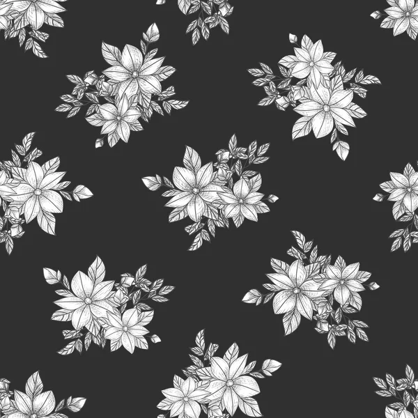 Dallar, yapraklar ve çiçekler. El çizimi. Siyah gravür, grafikler, çizgi sanatı. Eski, dikişsiz desen. Siyah ve beyaz. İzole vektör illüstrasyonu.