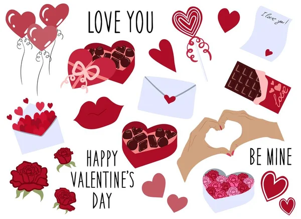 Conjunto Ilustrações Para Dia Dos Namorados Etiquetas Ícones Corações Flores — Vetor de Stock