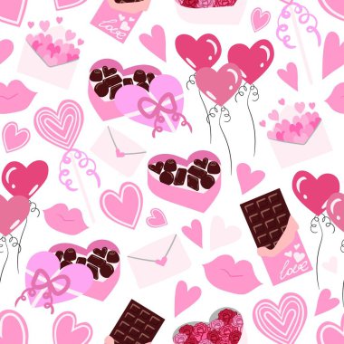 Kusursuz vektör düz kalp deseni. Sevgililer Günü geçmişi. Düz dizayn. Romantik elementlerin sonsuz kaotik dokusu. Kalpler, balonlar, çikolata, lolipop, dudaklar, zarf.